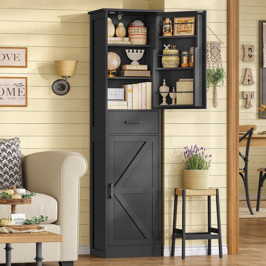 TEENFON Tall Storage Cabinet with 3 Door Shelves & 1 Drawer, Narrow Kitchen Pantry Cabinet for Living Room, Bathroom, Entryway, Black