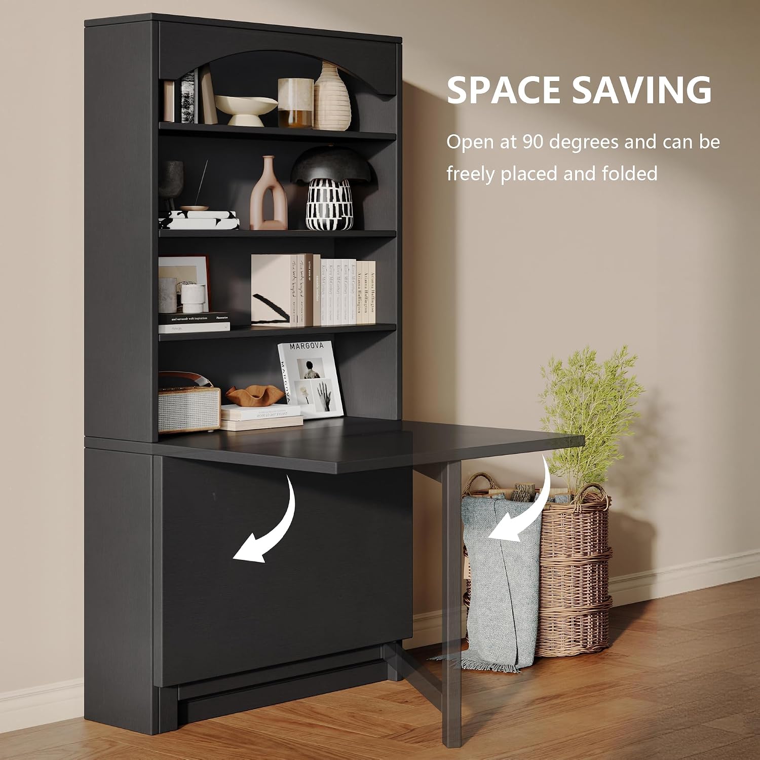 Einhomn Folding Desk with Storage, Space-Saving Foldable Convertible Writing Table, Wall Mount Fold Out Computer Desk for Home Office, Craft Room, Living Room, Bedroom, Black