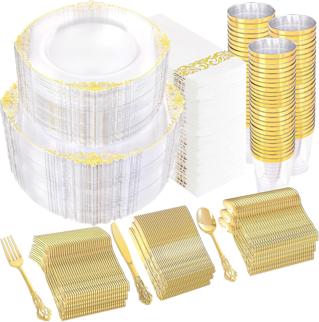 YOUBET 700PCS Clear Gold Plastic Plates - Elegant Gold Plastic Dinnerware Set Include 200 Disposable Plates, 300 Heavy Duty Silverware, 100 Cups, 100 Napkins for Wedding Party