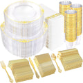 YOUBET 700PCS Clear Gold Plastic Plates - Elegant Gold Plastic Dinnerware Set Include 200 Disposable Plates, 300 Heavy Duty Silverware, 100 Cups, 100 Napkins for Wedding Party