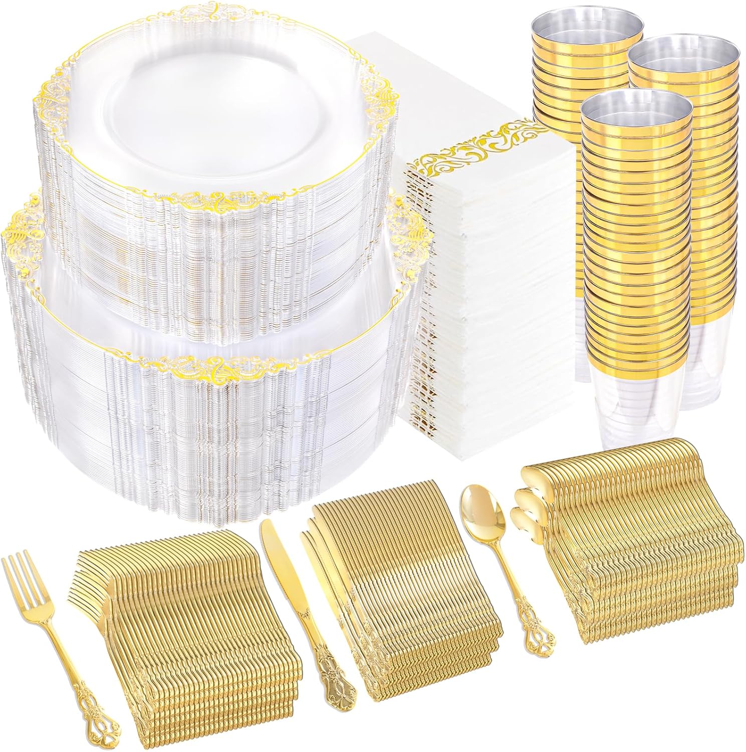 YOUBET 700PCS Clear Gold Plastic Plates - Elegant Gold Plastic Dinnerware Set Include 200 Disposable Plates, 300 Heavy Duty Silverware, 100 Cups, 100 Napkins for Wedding Party