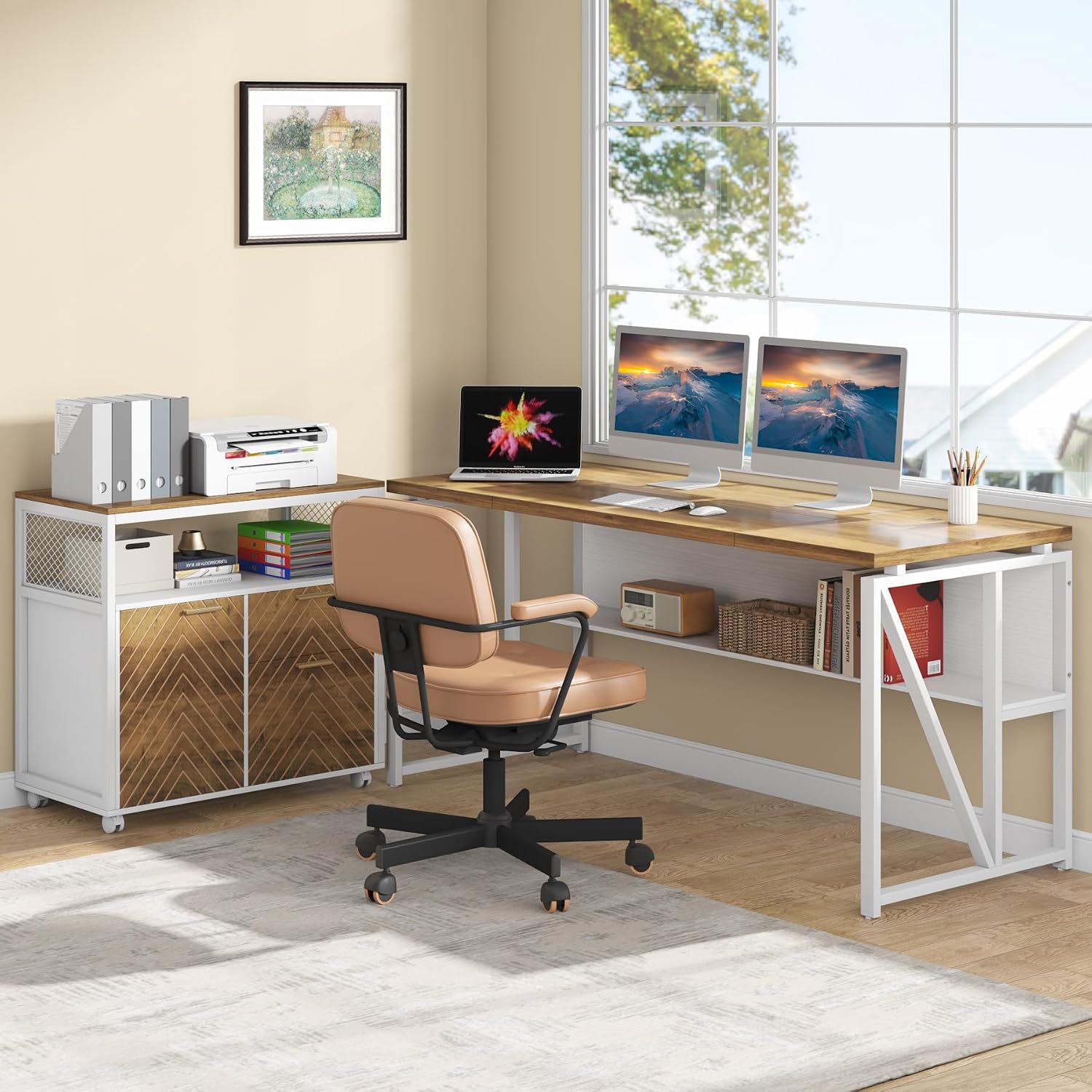 Tribesigns L Shaped Desk with Drawer,63' Executive Computer Desk and lateral File Cabinet, 2 Piece Home Office Furniture for Hanging File, Cabinet with Doors