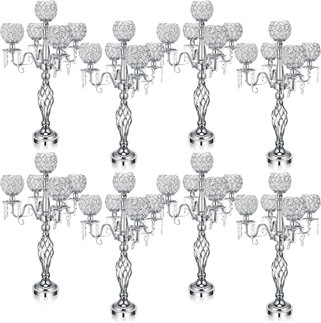 Nitial 8 Pcs 5 Arm Crystal Candelabra Centerpieces for Table 27 Inch Retro Victorian Crystal Candle Holders Bowl Table Centerpieces Decor for Wedding Banquet Valentine Dinner Party Event (Silver)