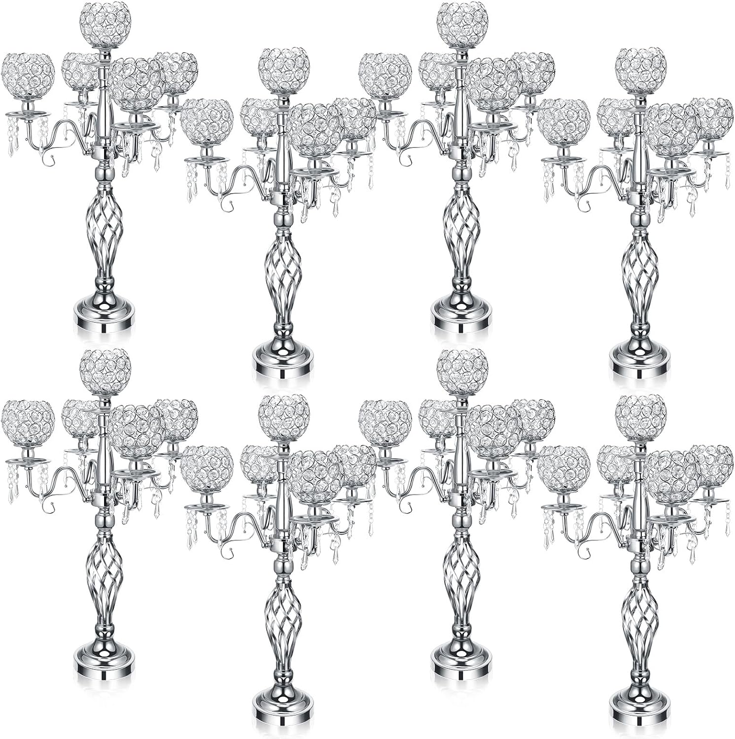 Nitial 8 Pcs 5 Arm Crystal Candelabra Centerpieces for Table 27 Inch Retro Victorian Crystal Candle Holders Bowl Table Centerpieces Decor for Wedding Banquet Valentine Dinner Party Event (Silver)