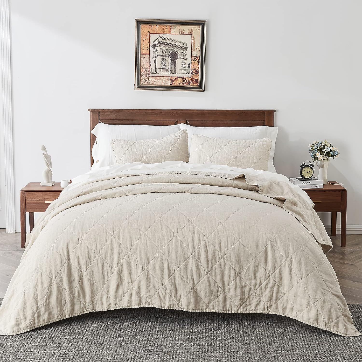 S VICTORY SYMBOL Linen Quilt Set Queen Size-3 Piece Bedding Quilt Coverlets,All Seasons Bedspreads,100% French Linen Shell and Viscoses from Bamboo Filling Quilted Coverlet(Includes 1 Quilt,2 Shams)