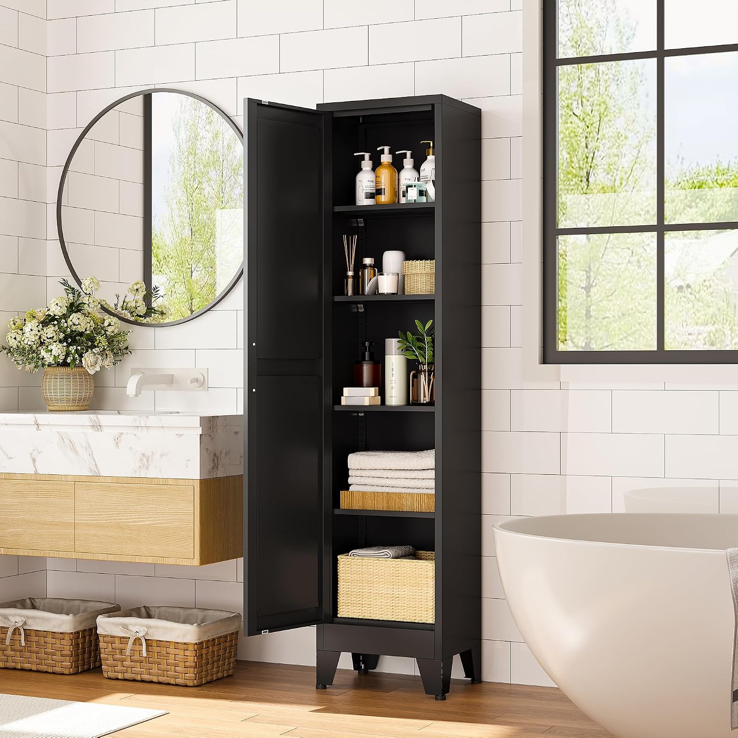 Narrow Bthroom Storage Cabinet Tall Metal Storage Cbinets with 4 Adjustable Shelves Freestanding 5 Tier Slim Pantry Cabinet for Kitchen Office Small Space