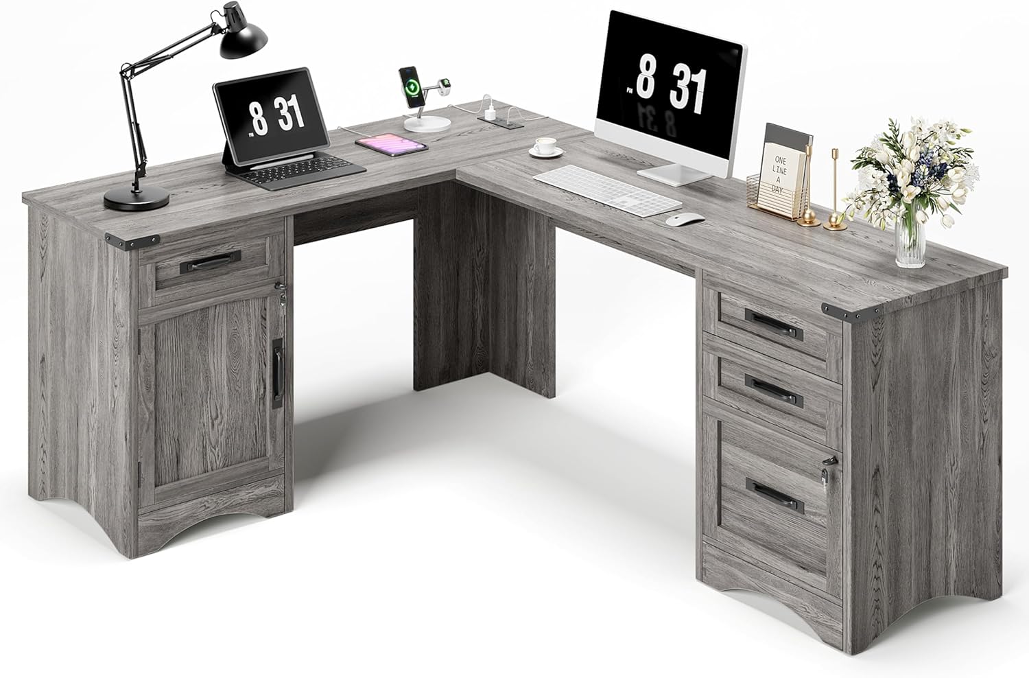 Decofy 67' Farmhouse L Shaped Standing Desk with Drawers Home Office Executive Desks with Fast Charging Station, Lockable File Cabinet, Wood Writing Computer Desk for Work, Study, Grey
