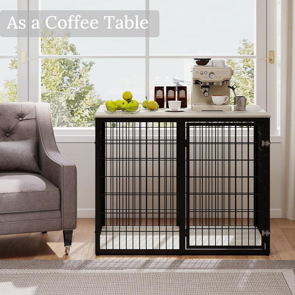 Yafylly 48' Dog Crate Furniture for Medium Large Dogs, Indestructible Large Dog Kennel Indoor with 3 Doors, Wooden Dog Cage Side End Table, Heavy Duty XL Dog Crate, Gray