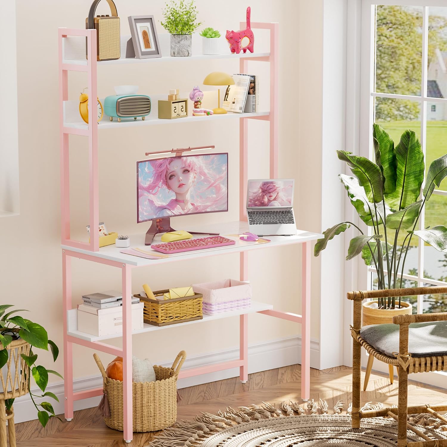 Aquzee Girls Desk with Hutch, 40'W x 19.6' D Computer Desk with Shelves, Tall Home Office Desk with Bookshelf, Metal Legs Study Table with Upper Storage Shelf for Study Writing/Workstation, Pink
