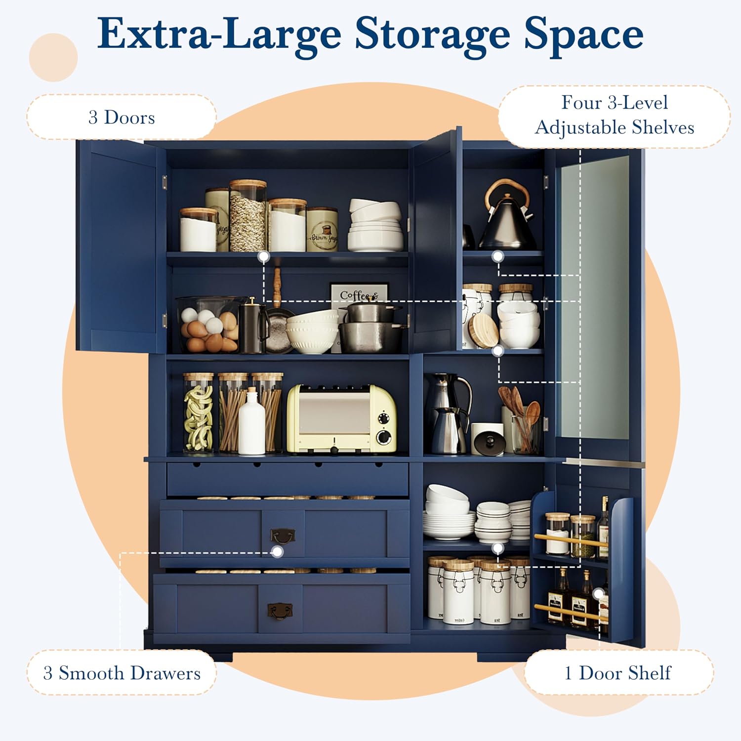 Modern 78.3 inch Large Kitchen Pantry Storage Cabinet, Traditional Buffet Cabinet with Hutch and Drawers, Wood Freestanding Tall Storage Cabinet with Door Shelf and Adjustable Shelves (Blue//2)