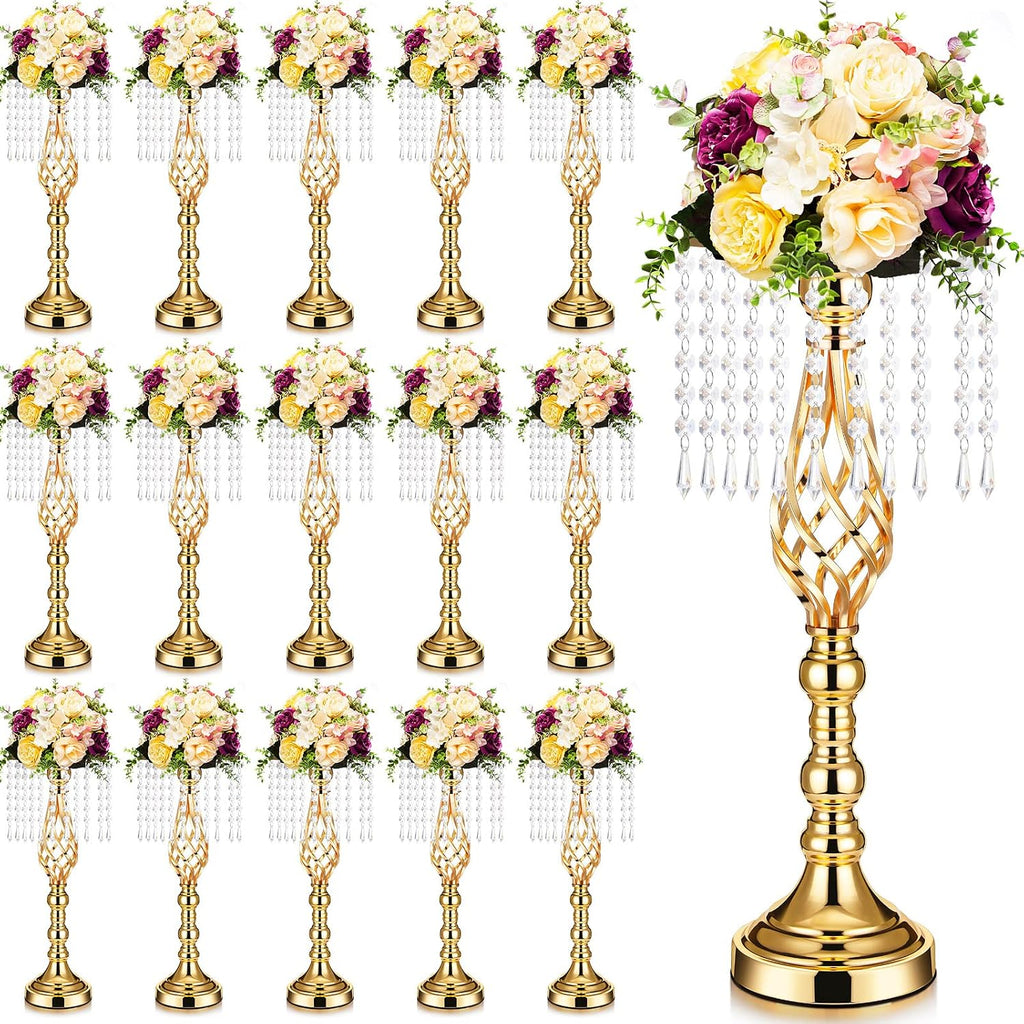 Sieral 15 Pcs Gold Wedding Centerpieces for Table Gold Crystal Flower Stand 19.3 Inch Tall Vase with Chandelier Metal Flower Holders for Wedding Bridal Shower Party Reception Dinner Tabletop Decor