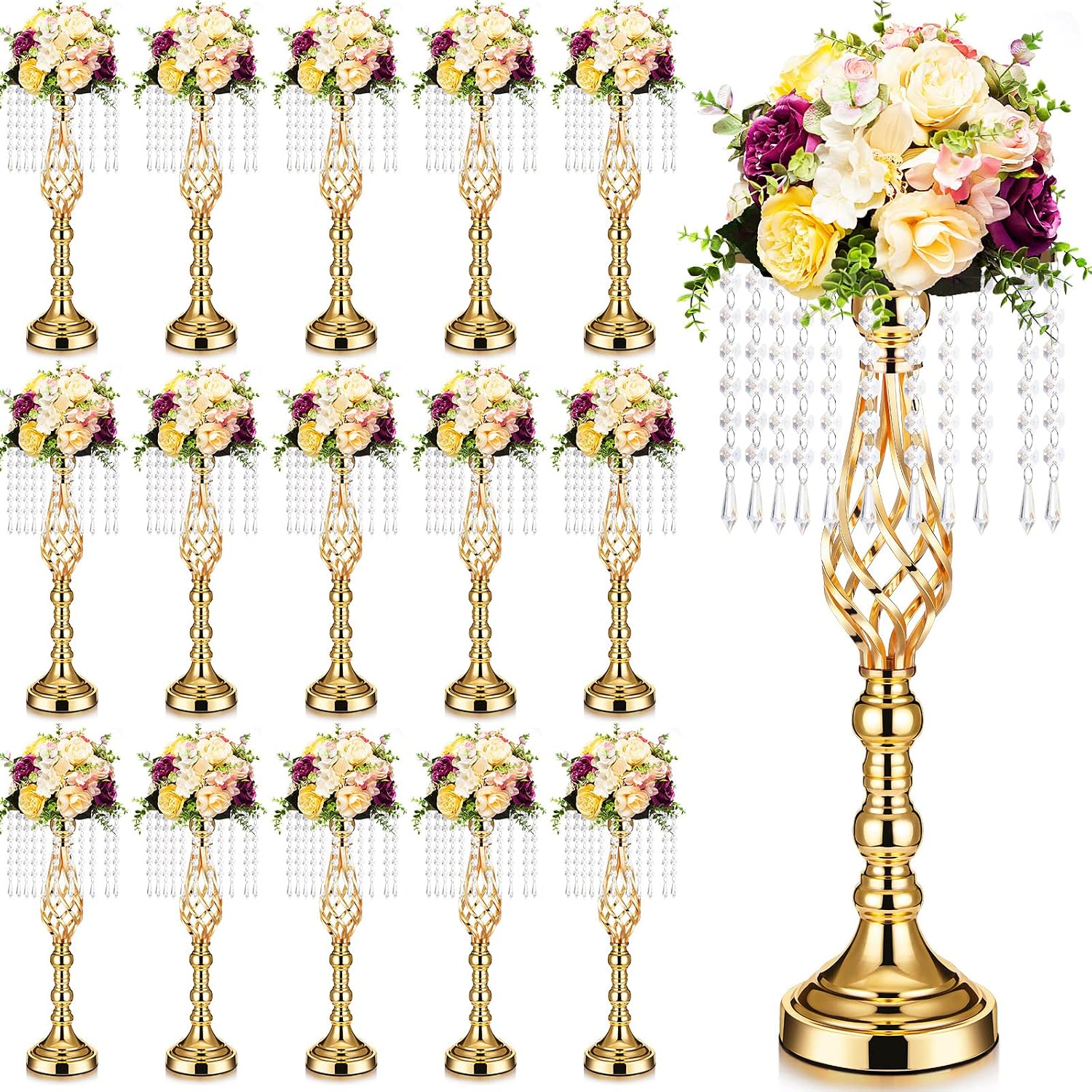 Sieral 15 Pcs Gold Wedding Centerpieces for Table Gold Crystal Flower Stand 19.3 Inch Tall Vase with Chandelier Metal Flower Holders for Wedding Bridal Shower Party Reception Dinner Tabletop Decor