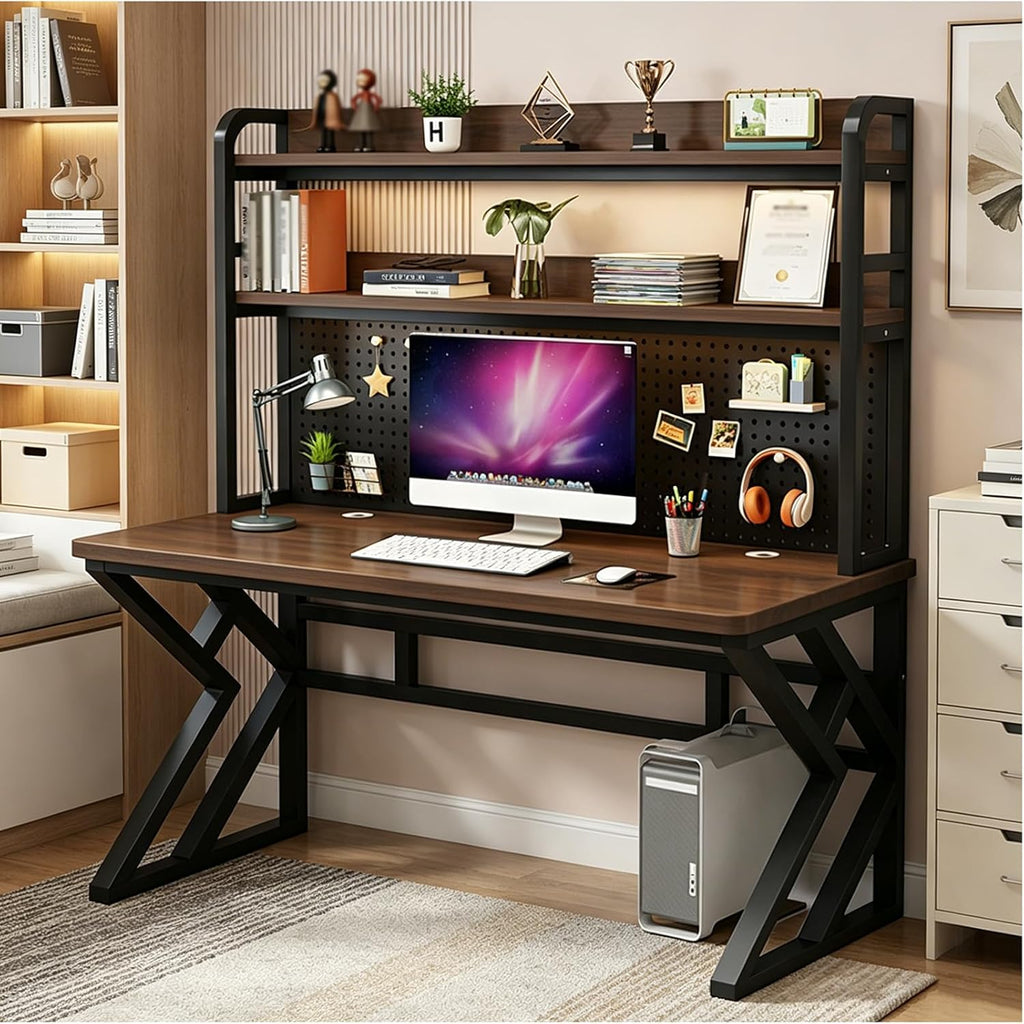 47in Computer Desk with Pegboard，Gaming Desk with Bookshelf Combo, Large Writing Table with Desktop Shelves, Ample Leg Room, for Home Office (White, 47in)