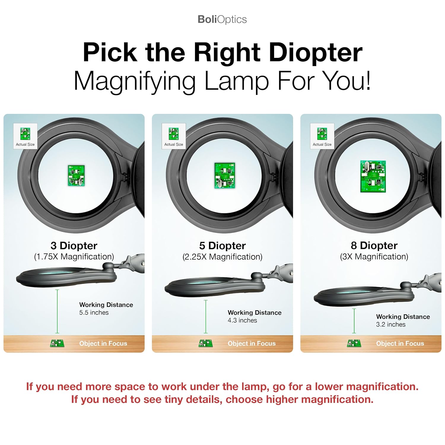 ESD Safe (Glass Lens) Professional LED Magnifying Lamp with Clamp (8 Diopter, 3X) Work Light, 4 Brightness Levels, Daylight Bright, 1200 Lumens, 5600K-6000K, Matte Black, BoliOptics MG16303322