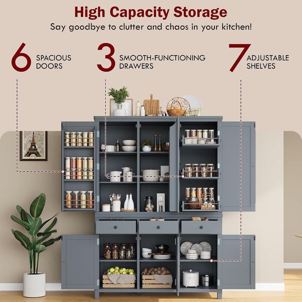 Farmhouse 74.8''H High Freestanding Kitchen Pantry, 53''Lx20''W Wooden Large Cupboard Storage Cabinet with Door Shelves, Adjustable Shelves, Pull-Out Trays and Drawers (Gray-6ds)