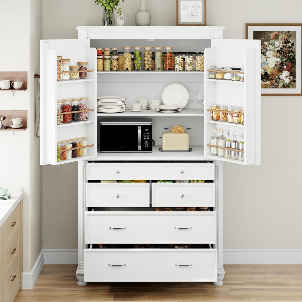 77.3 inch Tall Kitchen Pantry Cabinet with 6 Door Shelves and 2 Adjustable Shelves, Wooden Storage Cabinet Cupboard with 6 Drawers for Kitchen, Dining (White-83)