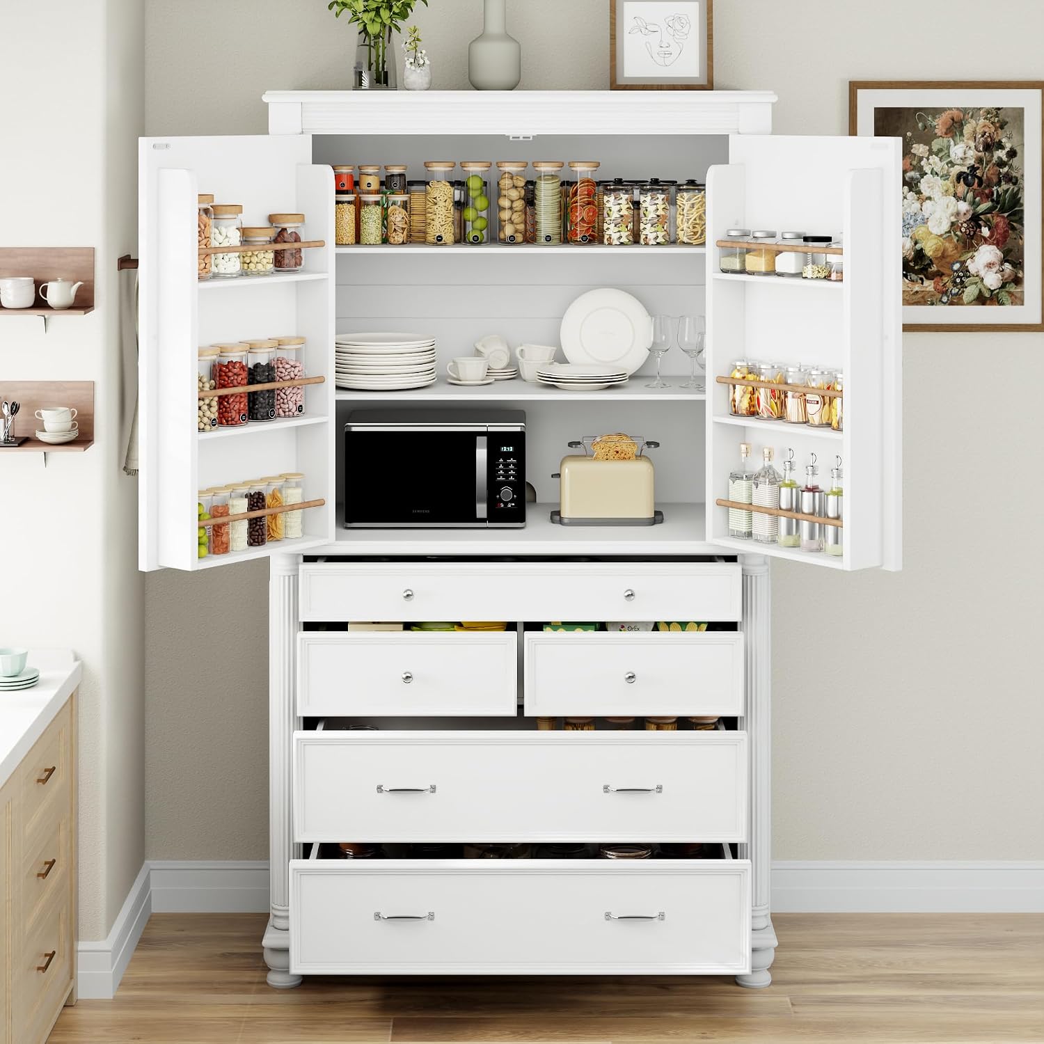 77.3 inch Tall Kitchen Pantry Cabinet with 6 Door Shelves and 2 Adjustable Shelves, Wooden Storage Cabinet Cupboard with 6 Drawers for Kitchen, Dining (White-83)