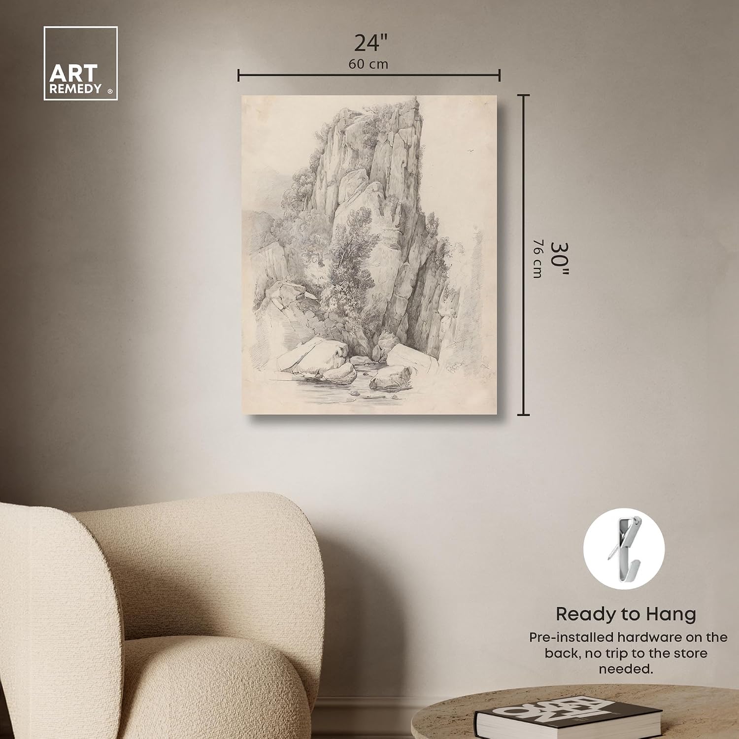 Art Remedy Rock Cliffs above a Stream 1818 Canvas Classic Sketches, Gallery Wrapped, 24' x 30'