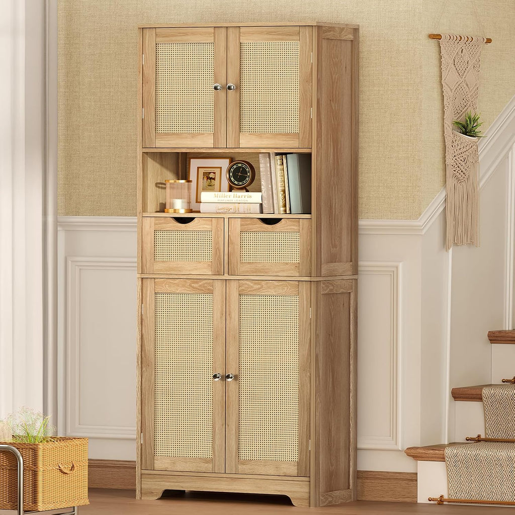 Iwell Tall Storage Cabinet with 2 Drawers & Adjustable Shelves, Rattan Cabinet, Kitchen Storage Cabinet, Pantry Cabinet with 4 Doors, Tall Cabinet for Living Room, Kitchen, Home Office, Natural