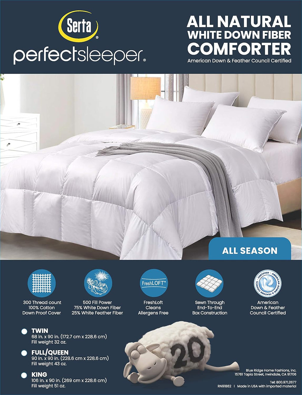 Serta Down Fiber Comforter King Size-All Season Duvet Insert, Luxury Fluffy Bed Comforter 100% Cotton 300 Thread Count Shell, Down Feather Fiber 500 Fill Power with Corner Taps, White 106x90inch