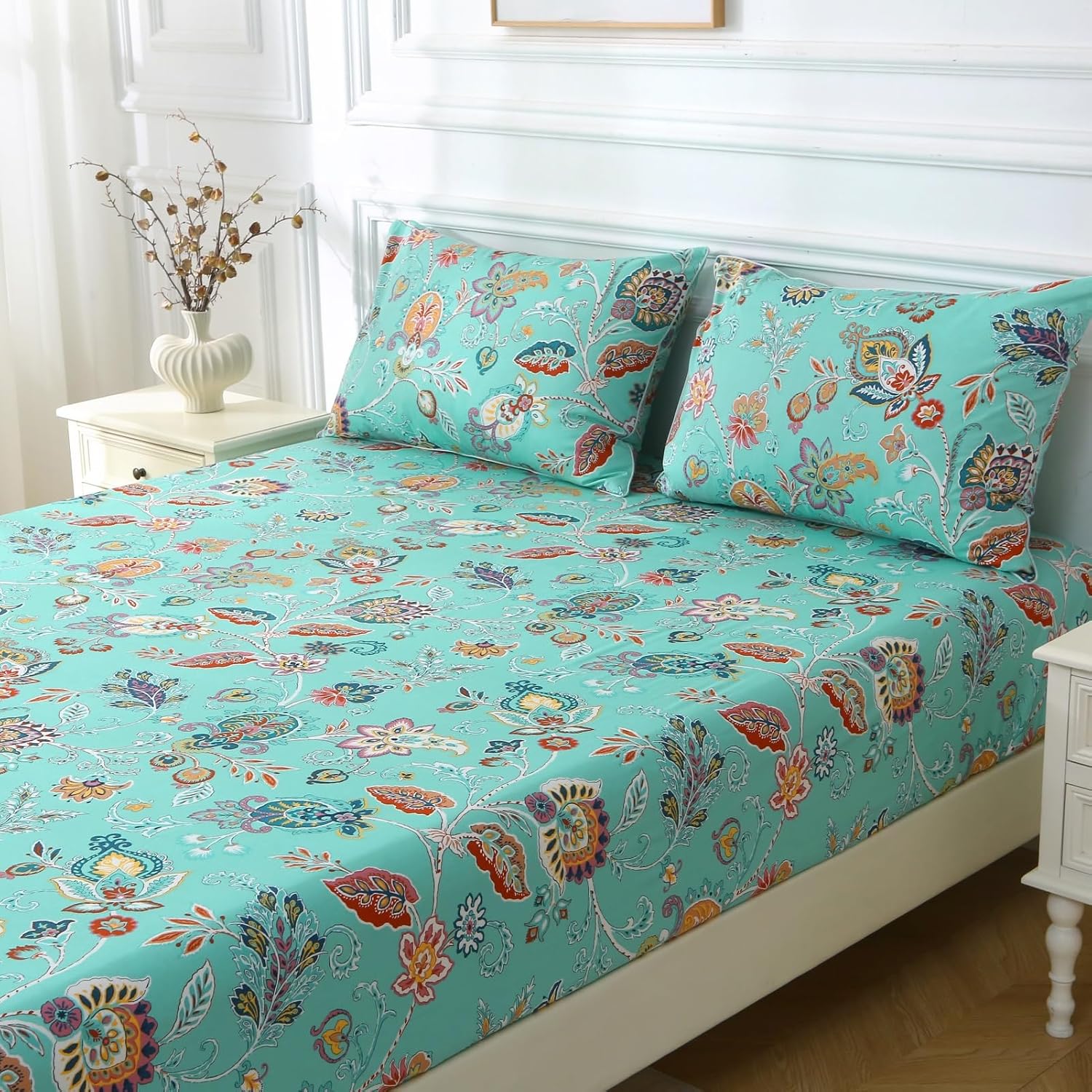 ABREEZE Sheets Set Blue Floral Bedding Rustic Flower Botanical Bed Sheet Set Vintage Farmhouse Bedding 100% Cotton Ultra Soft Breathable Beddings with Deep Pocket Fitted Sheet 4Pcs, King Size
