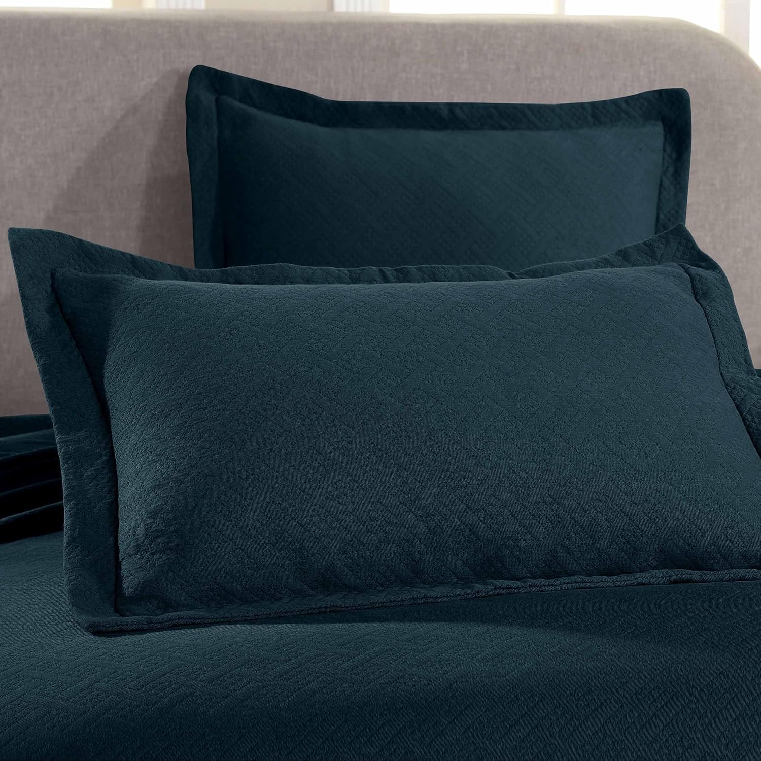 Superior 3 Piece Basketweave Cotton Bedspread Set, Home Bed Decor, Decorative Bed Spread, 2 Pillow Shams, Medium Weight Blanket, Matelasse Coverlet Bedding, Geometric Lattice Pattern, Queen, Deep Sea