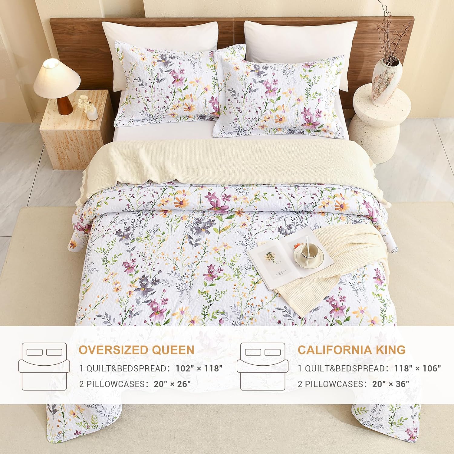 Sanracie California King Quilt Bedding Set(118'x106'), 100% Cotton Floral Aesthetic Bedspread Sets 3Pcs Soft Lightweight Yellow Wild Flower Botanical Printed Pattern Coverlet Set