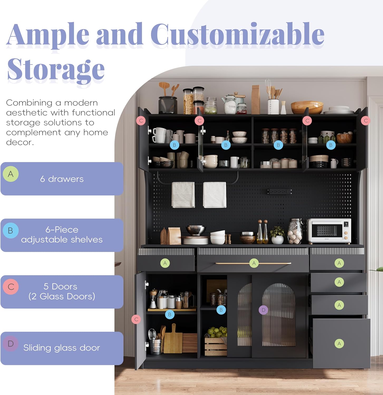 63'' W Buffet Cabinet with Hutch, Large Coffee Bar Storage Cabinet with 6 Drawers, Kitchen Pantry Sideboard with 5 Cabinets and Adjustable Shelves, Pegboard, Towel Rack, Power Outlet (Black-Q12)