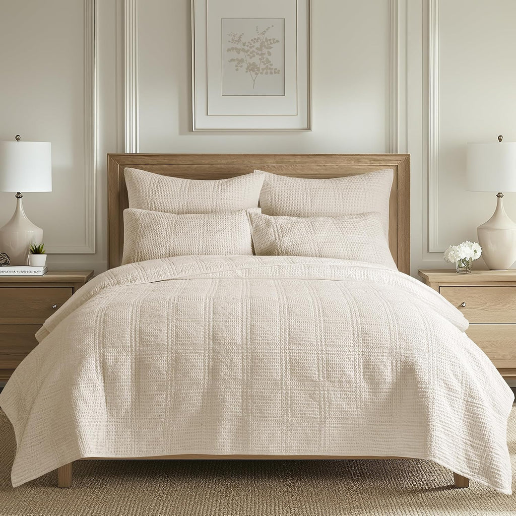 Levtex Home Cloud Waffle Twin XL/Twin Quilt Set (68x86in) with 1 Pillow Sham (26x20in) - Box Quilted Waffle Texture - Undyed Cream - Cotton Twin Size Quilt Bedding Set - Lightweight Soft Pre-Washed