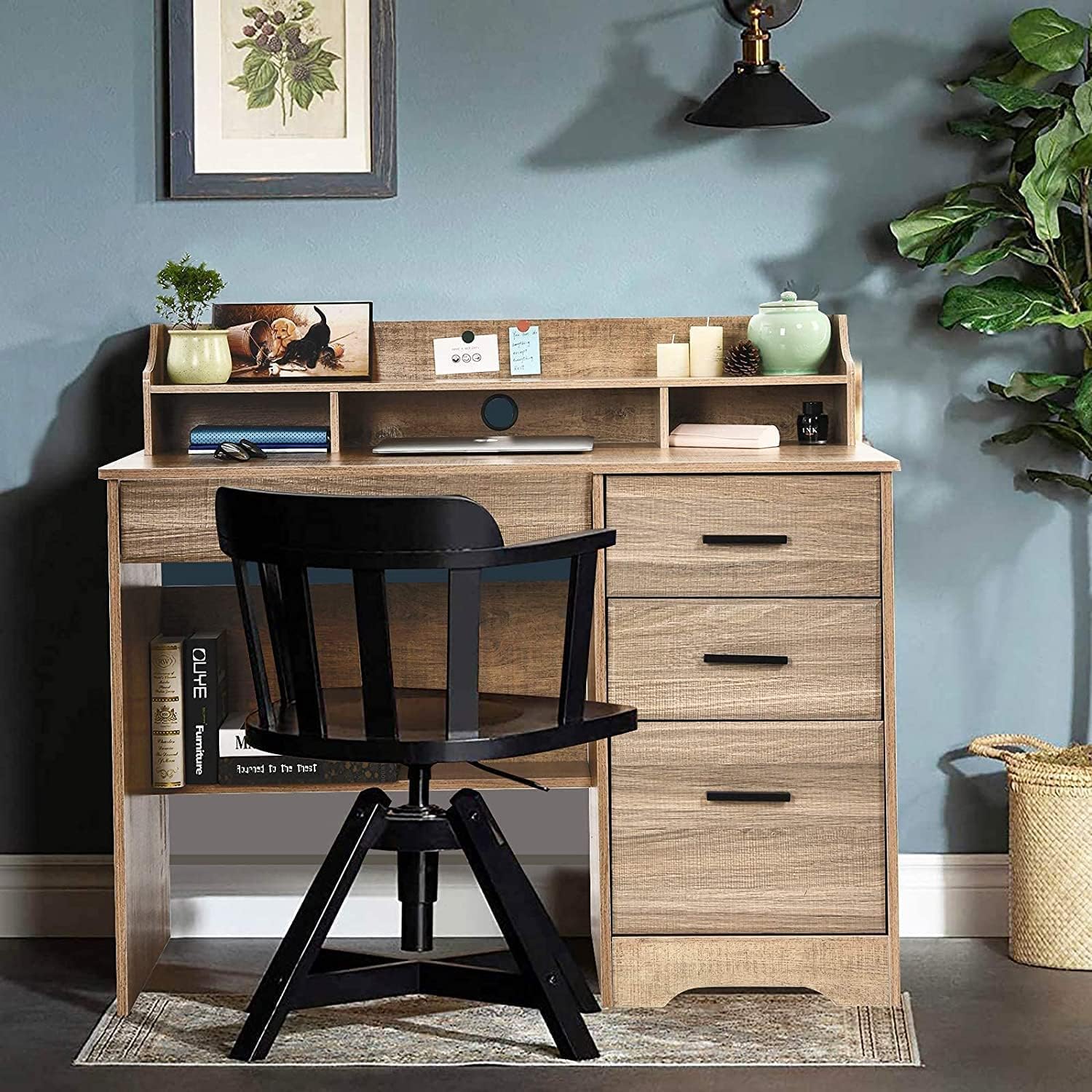 HOMBCK Computer Desk with 4 Drawers and Storage, Small Office Desk with File Drawers and Hutch, Farmhouse Wood Writing Student Table for Home Office, Bedroom, Wooden Grey