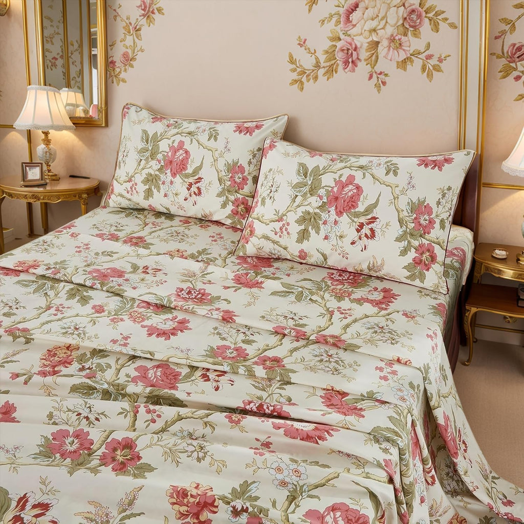 Brandream Floral Bedding Chinoiserie Blossom Farmhouse Sheets Set Queen Size Luxury Grandmillennial Bedding Decor 100% Egyptian Cotton Deep Pocket, 4Pieces Botanical Tree Branches Ornamental Drawing