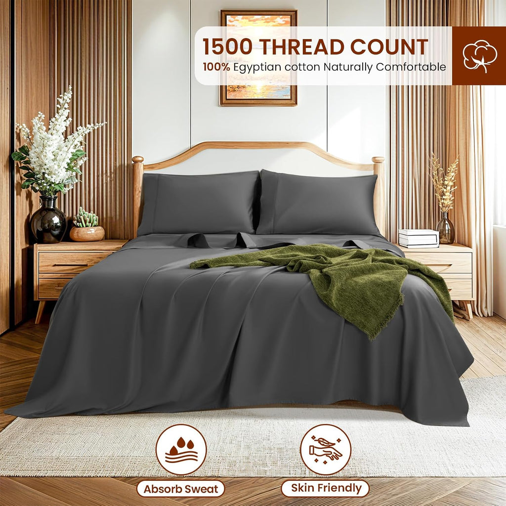 LBRO2M 1500 Thread Count Sheets 100% Egyptian Cotton Sheets Set 16 Inches Deep Pocket King Size Bedding 4 Pcs Sets (King, Dark Gray)
