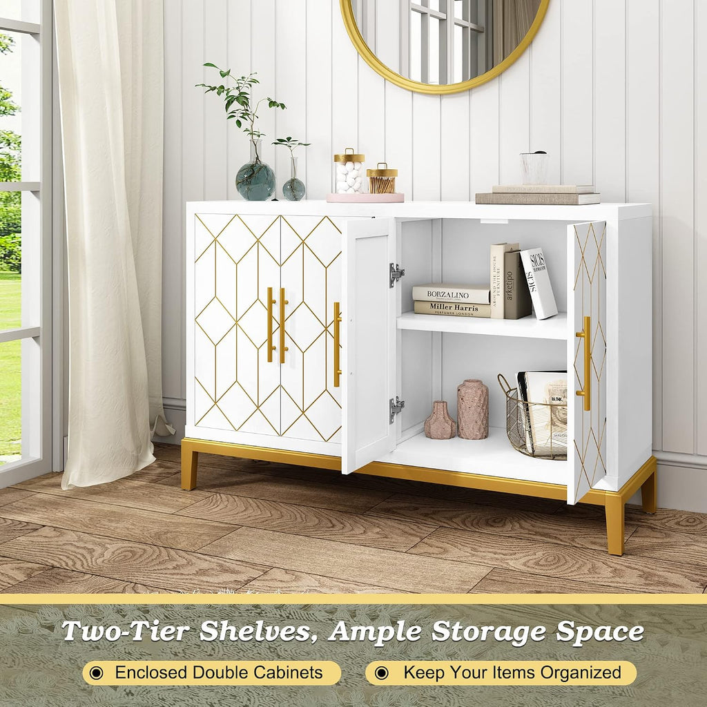 HLR Accent Cabinet with 4 Doors&Shelves, Sideboard Buffet Cabinet with Gold Trim, Modern White Storage for Living Room, Entryway, Kitchen, Dining Room, Hallway