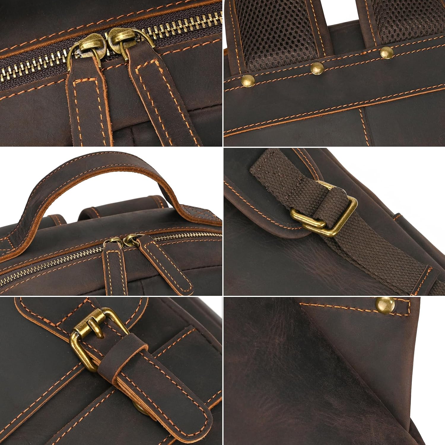 Vintage Full Grain Leather Backpack for Men, 16' Laptop Rucksack For Men Hiking Trave Work Business Bag, 1829 Dark Brown