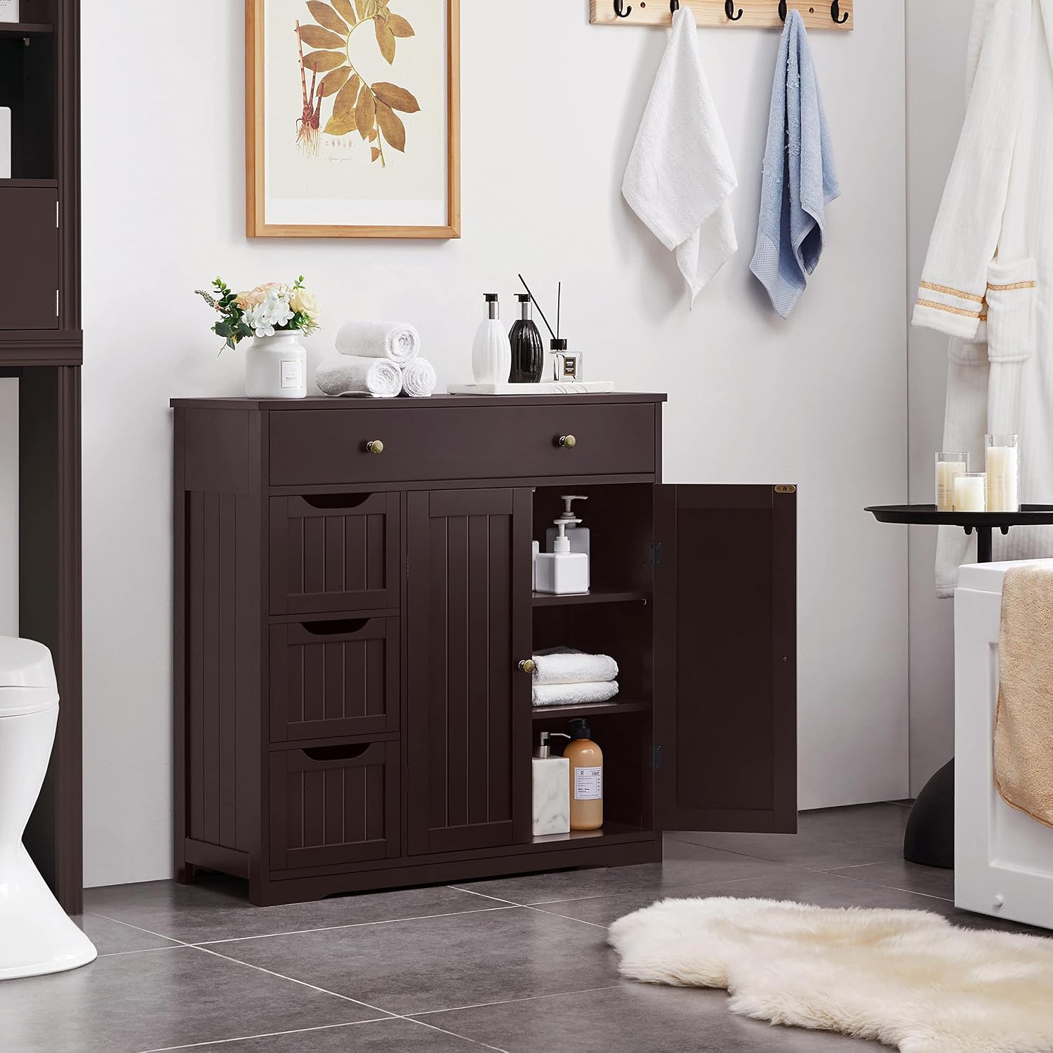 Topeakmart Bathroom Free-Standing Floor Cabinet, Practical Large Storage Cabinet with 4 Drawers and 2 Doors for Kitchen, Entrance Area, Living Room, Adjustable Shelf, Ample Space Espresso