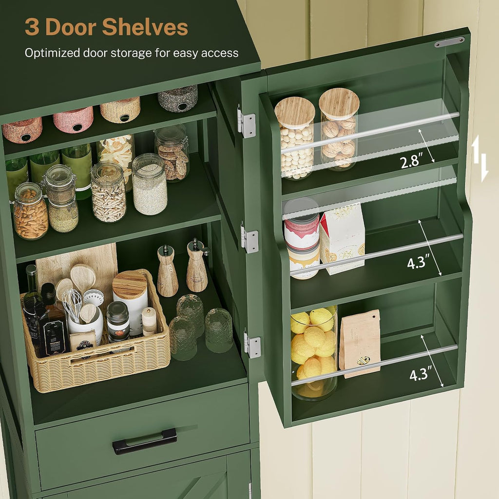 TEENFON Kitchen Pantry Cabinet with 3 Door Shelves & 1 Drawer, Narrow Bathroom Cabinet with Adjustable Shelves, Tall Storage Cabinet for Living Room, Bathroom, Entryway, Green