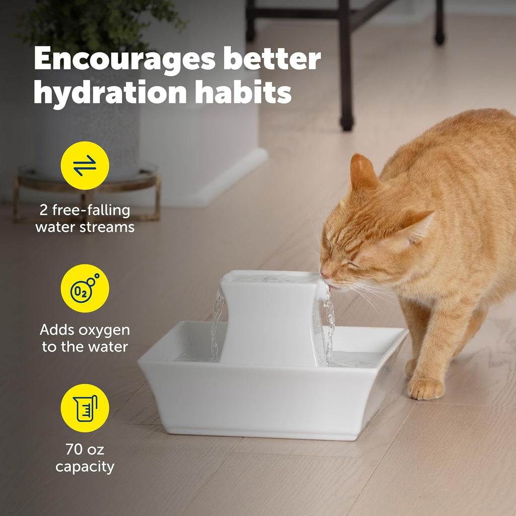 PetSafe Drinkwell Pagoda Pet Fountain 70 oz/ 2L Capacity,Elevated Indoor Ceramic Cat Water Fountain, 2 Levels of Free-Falling Stream, Included Carbon & Foam Filter Provide Fresh Water with Every Sip