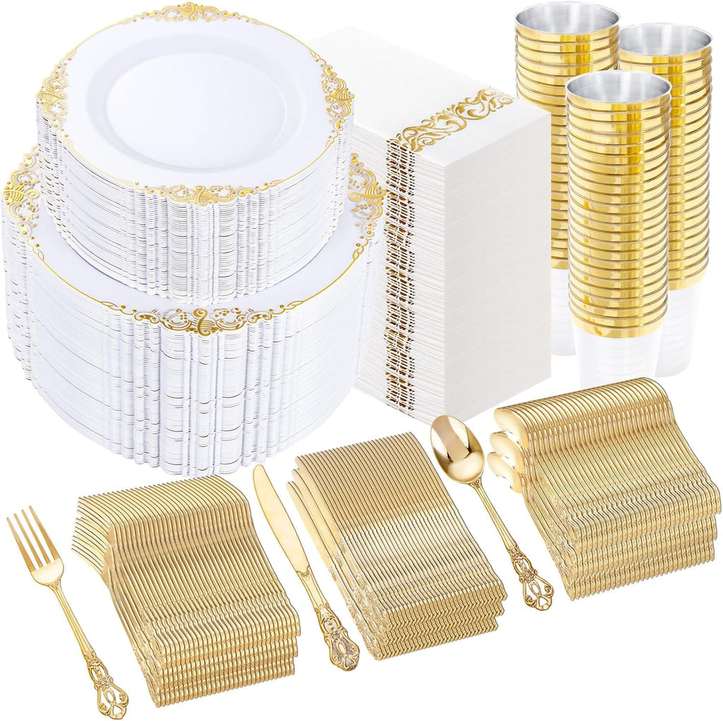 YOUBET 700PCS Gold Plastic Dinnerware Set - White and Gold Disposable Plates for 100 Guest - 200 Disposable Plates, 300 Heavy Duty Plastic Silverware, 100 Cups,100 Napkins for Wedding