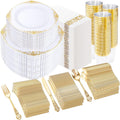 YOUBET 700PCS Gold Plastic Dinnerware Set - White and Gold Disposable Plates for 100 Guest - 200 Disposable Plates, 300 Heavy Duty Plastic Silverware, 100 Cups,100 Napkins for Wedding