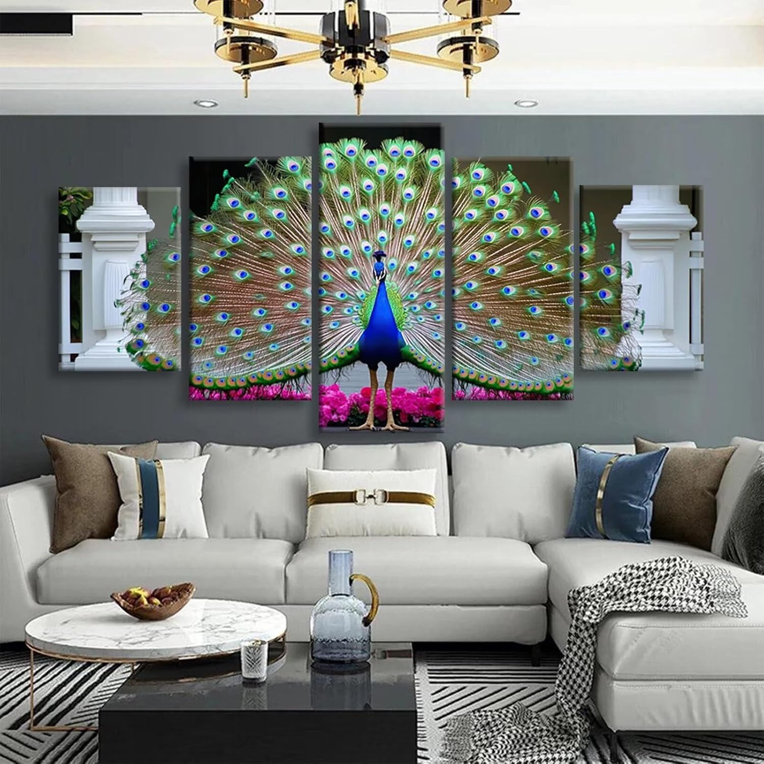 Peacock Diamond Art 5 Piece Diamond Painting Bird 5D DIY Full Round Drill Dimond Art Paintings Rhinestones Crafts for Adults Gem Painting for Home Decor, Large Artwork for Wall 44 x 90 Inch, Model489