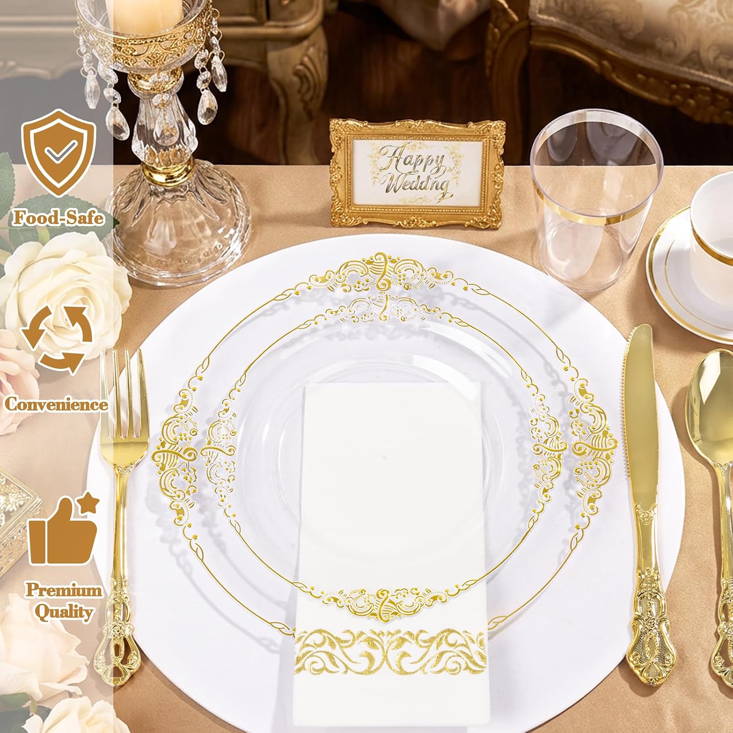 YOUBET 700PCS Clear Gold Plastic Plates - Elegant Gold Plastic Dinnerware Set Include 200 Disposable Plates, 300 Heavy Duty Silverware, 100 Cups, 100 Napkins for Wedding Party