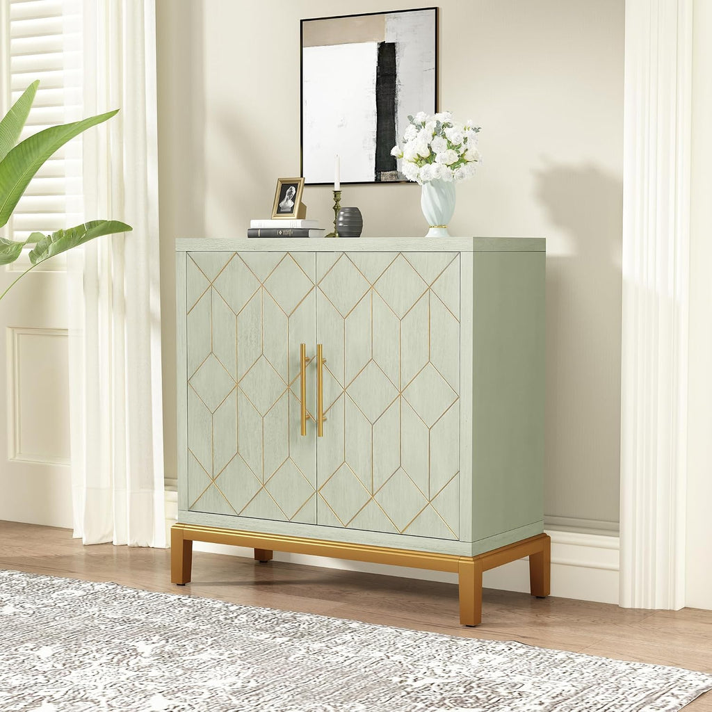 ARTPOWER Green Accent Cabinet with Doors, Modern Wooden Sideboard, Carved Decorative Storage Cabinets for Living Room, Kitchen, Office, and Hallway, Green with Gold Legs