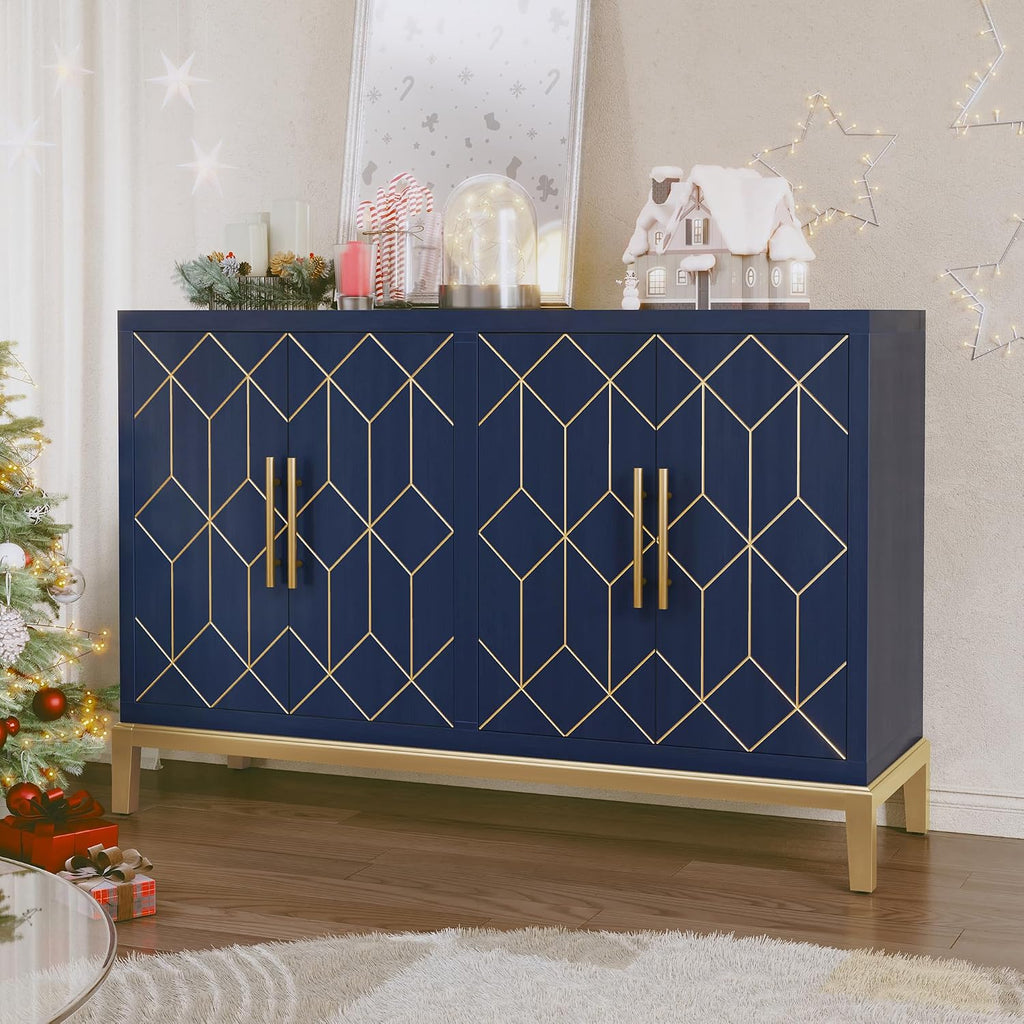 HLR 48' Accent Cabinet with 4 Doors and Shelves, Modern Credenza Storage Cabinet with Gold Trim, Sideboard Buffet for Living Room, Kitchen, Dining Room, Hallway, Blue