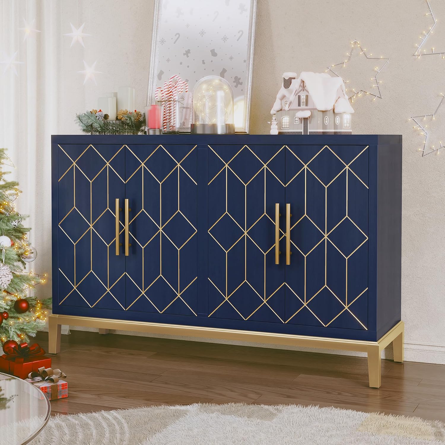 HLR 48' Accent Cabinet with 4 Doors and Shelves, Modern Credenza Storage Cabinet with Gold Trim, Sideboard Buffet for Living Room, Kitchen, Dining Room, Hallway, Blue