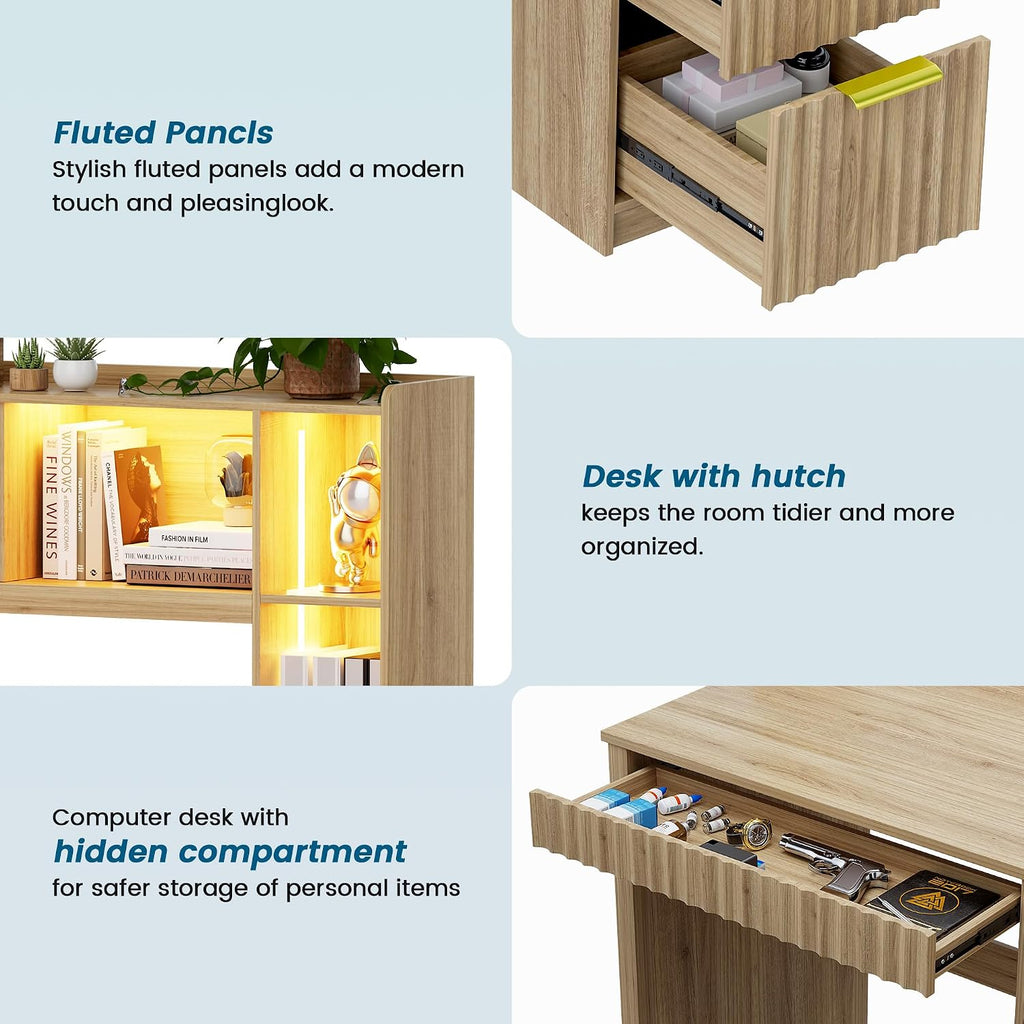 WOOVIVS Home Office Desk with Hutch & LED Lights - 39' Computer Desk with Charging Station, 3 Large Drawers, Hidden Compartment & Fluted Panel Design,Natural Writing Desk for Bedroom, Study
