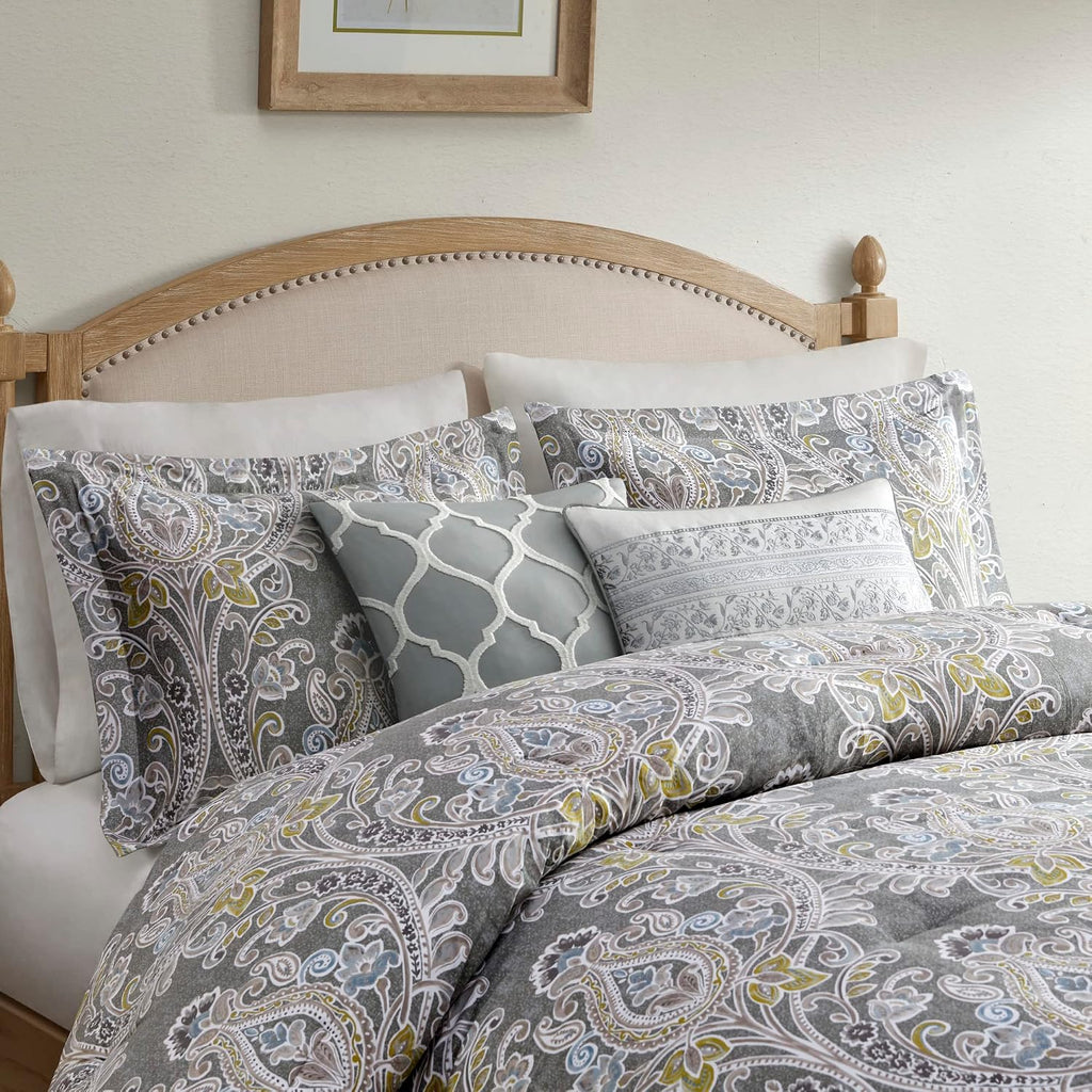 Harbor House Cozy Cotton Comforter Set - Classic Modern Design, All Season Down Alternative Casual Bedding, Matching Shams, Hallie, Damask Grey Full(80'x90') 6 Piece