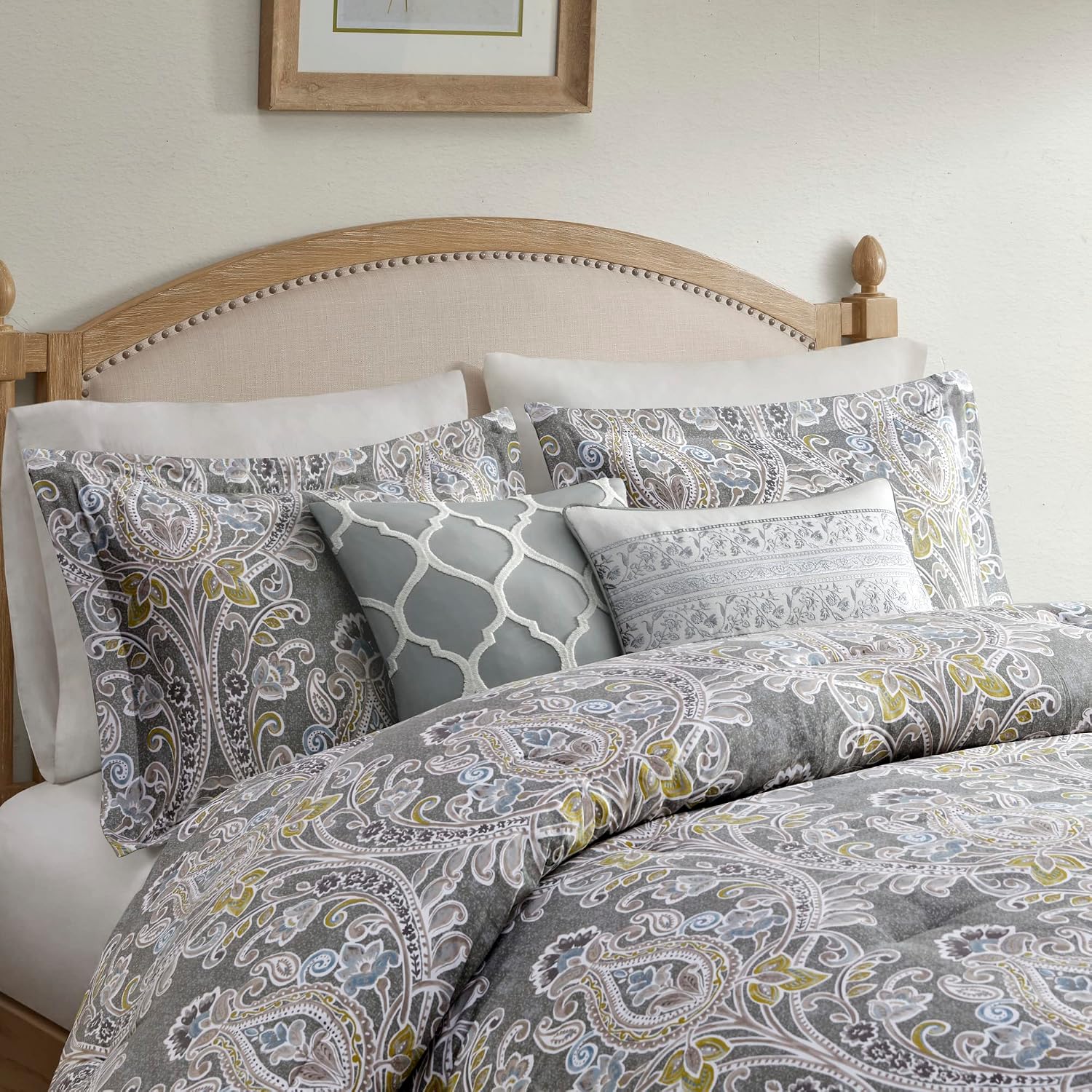 Harbor House Cozy Cotton Comforter Set - Classic Modern Design, All Season Down Alternative Casual Bedding, Matching Shams, Hallie, Damask Grey Full(80'x90') 6 Piece