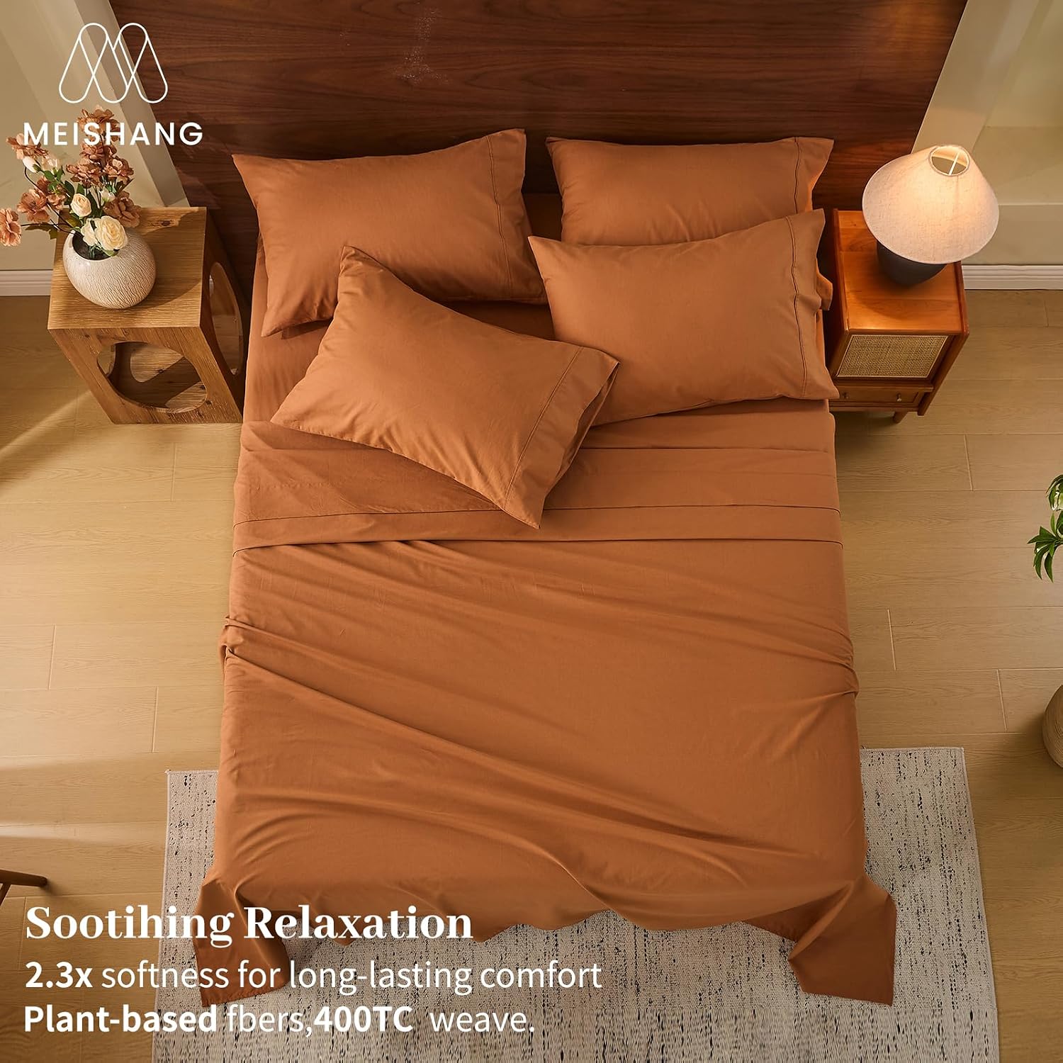 MEISHANG 100% French Pure Linen Sheets King Size - 6 PC Extra Deep Pocket Sheet Set, Soft Durable Flax Linen, Anti-Tear Breathable & Oeko-Tex Certified 18-24 Deep Pocket,All Season(Brown)