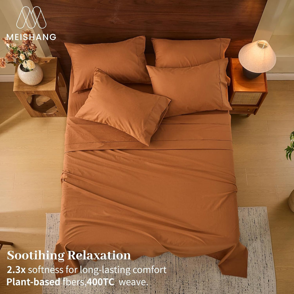 MEISHANG 100% French Pure Linen Sheets Queen Size - Extra Deep Pocket Sheet Set, Soft Durable Flax Linen, Anti-Tear Breathable & Oeko-Tex Certified 18-24 Deep Pocket,All Season(Brown)
