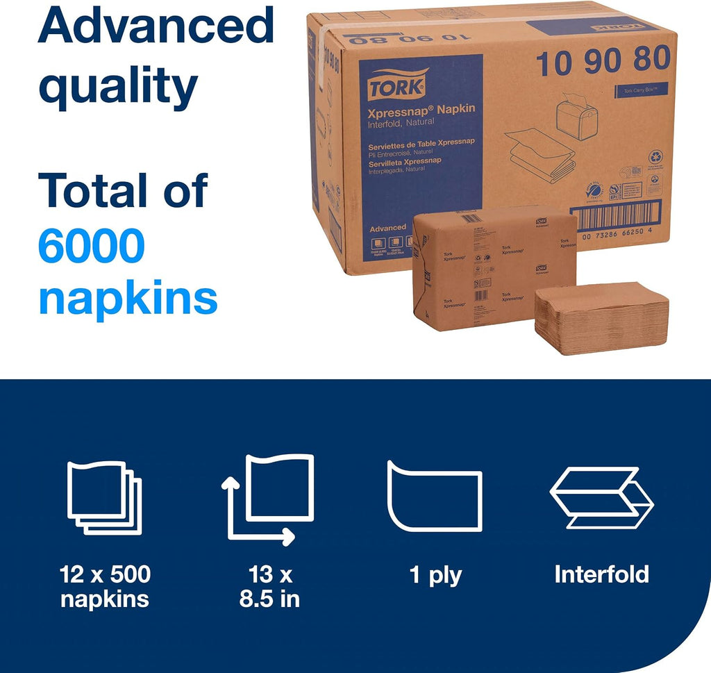 Tork Xpressnap® White Dispenser Napkin N4, One-at-a-Time Dispensing,1-ply, 1/4 Fold, 13' x 8.5 ', 12 x 500 Napkins, 109080